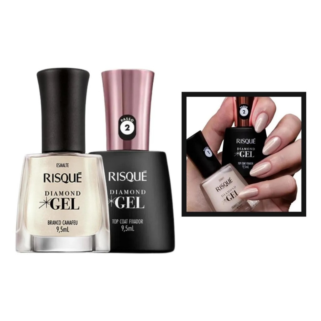Esmalte Risque Diamond Gel Branco Camafeu + Top Coat 9,5ml