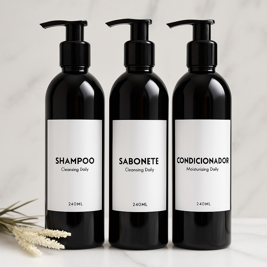 kit 3 Dispenser Frascos Preto 240ml Shampoo Condicionador Sabonete