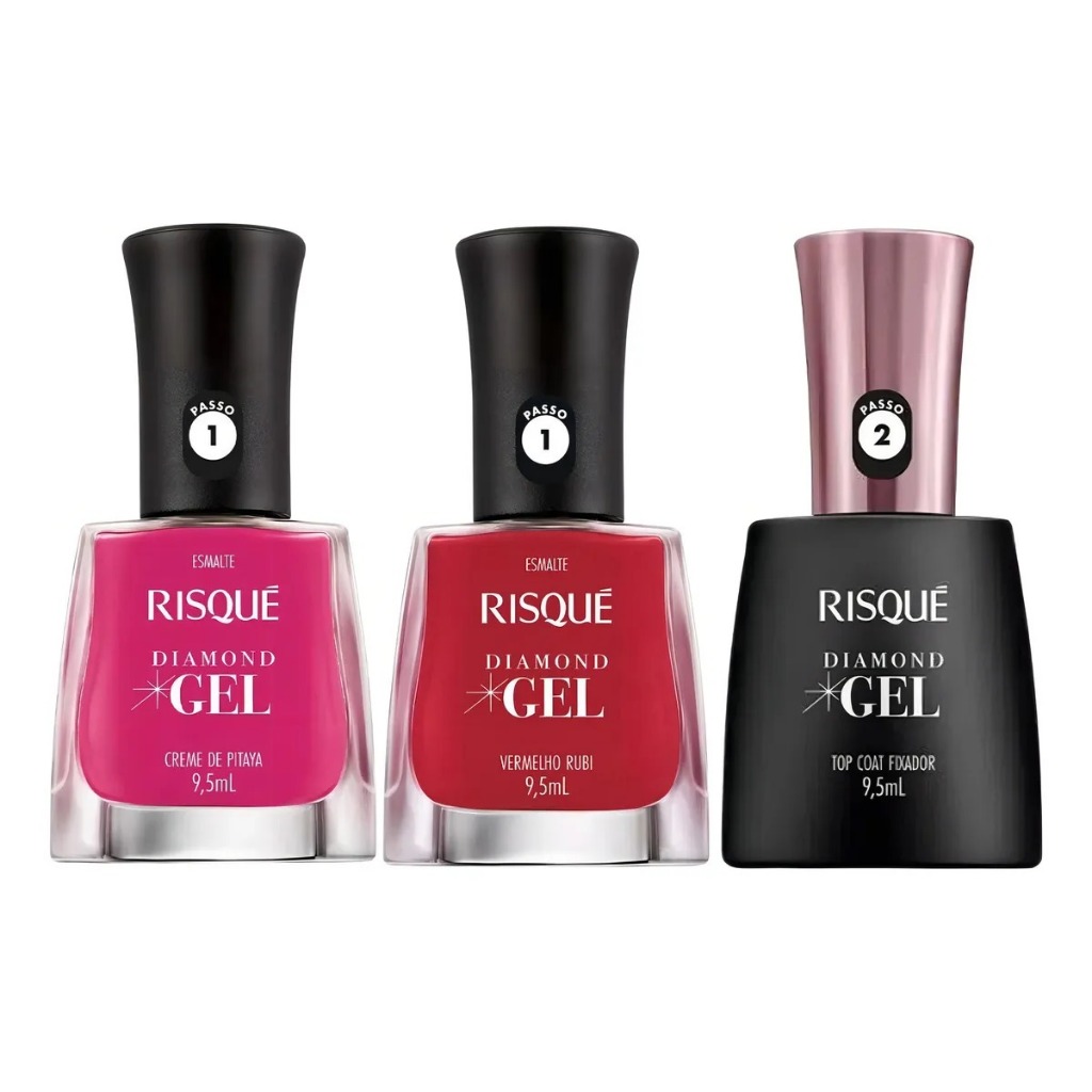 Kit 3 Esmalte Risque diamond gel Rose Vermelho e top coat 9.5mL