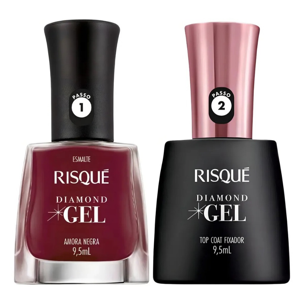 Kit Esmalte Risqué Diamond Gel Amora Negra + Top Coat 9,5ml
