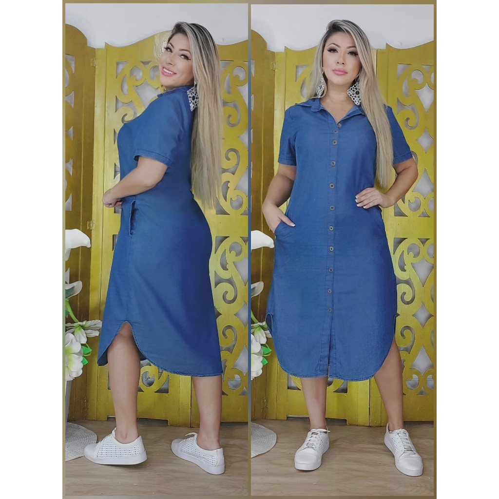 vestido jeans com bolso lateral lavagem premio cor clara e escura modelagem perfeita veste até o 48 em Oferta na Shopee