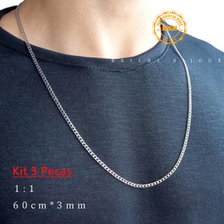 Kit 3 Peças Corrente Masculina fininha Grumet 3mm Aço Inox Prata polida brilhante não escurece não enferruja em Oferta na Shopee