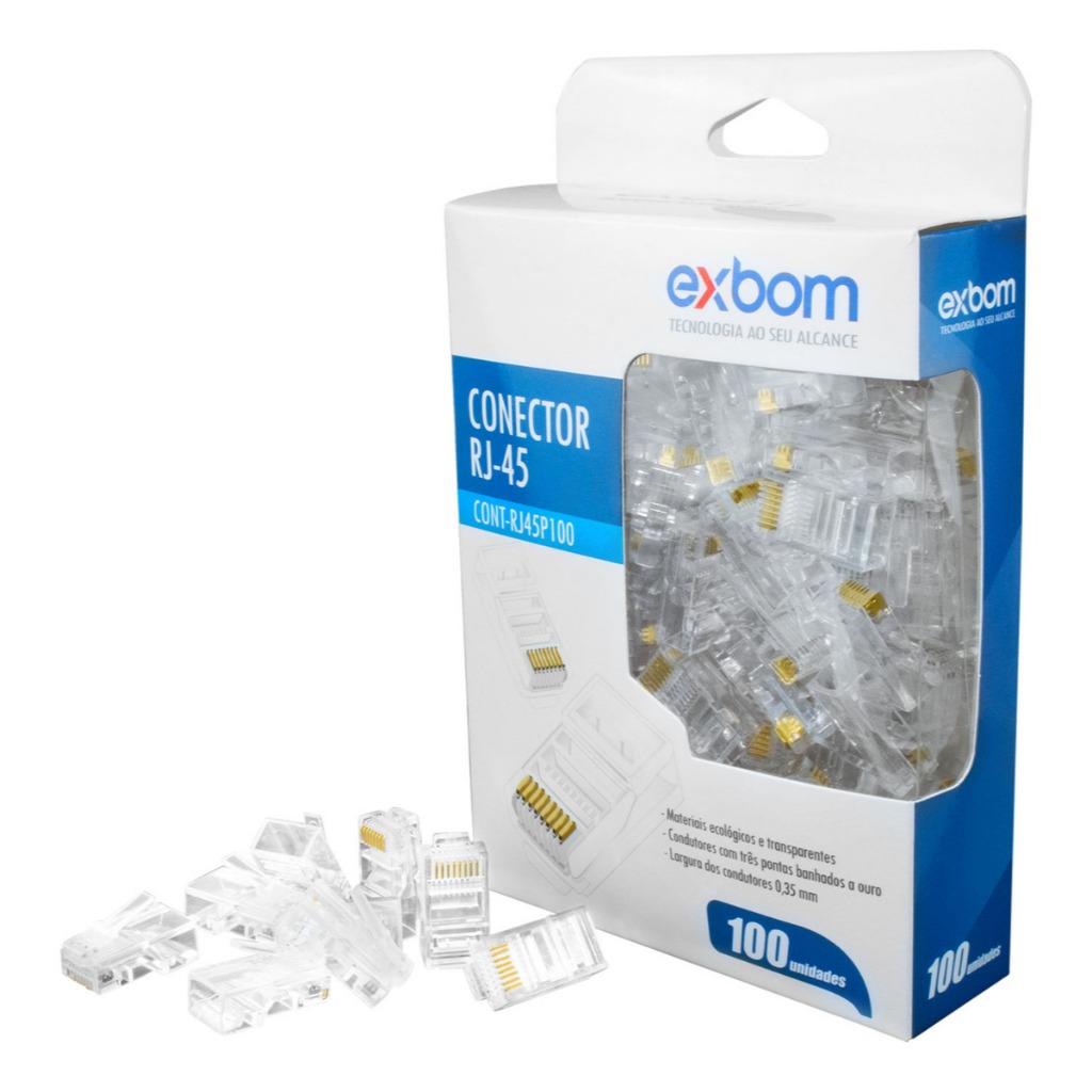 Conector Lan Plug Rj45 Cat5e 8p Exbom Caixa Com 100 Unidades CONT-RJ45P100 8P8C