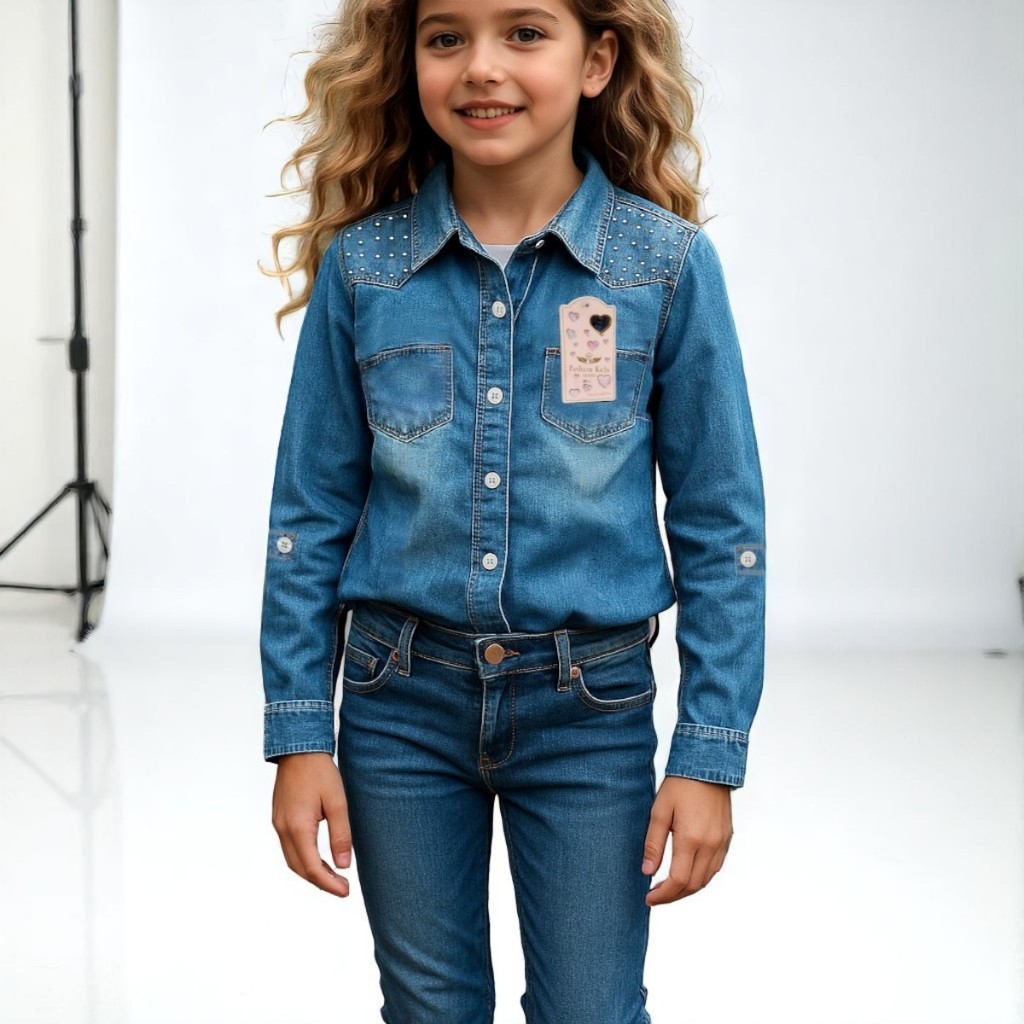 Camisa Jeans Infantil Menina Estilosa -  Para o Dia-dia , Escola , Festa de Rodeio , Junina e Julina