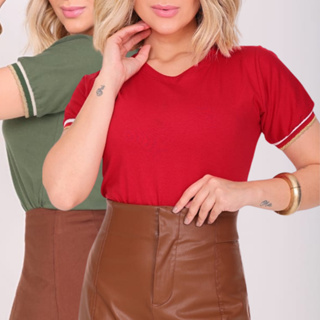 Kit 2 T-Shirt Camiseta Feminina Casual Estilosa Algodão Punho Na Manga Gola Redonda em Oferta na Shopee