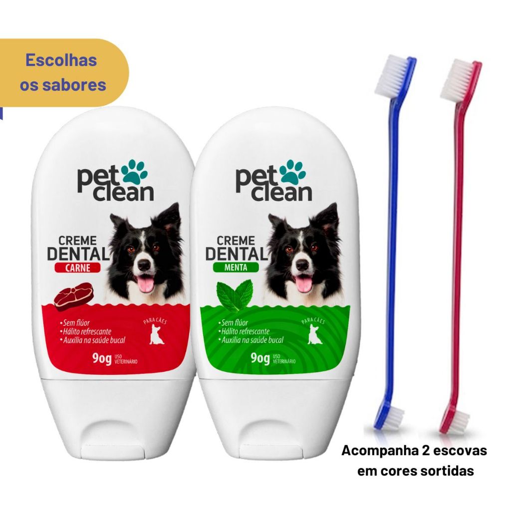 Kit 2 Escovas de Dente e 2 Pasta de Dente para Cachorros Pet Clean Previne Mau Hálito
