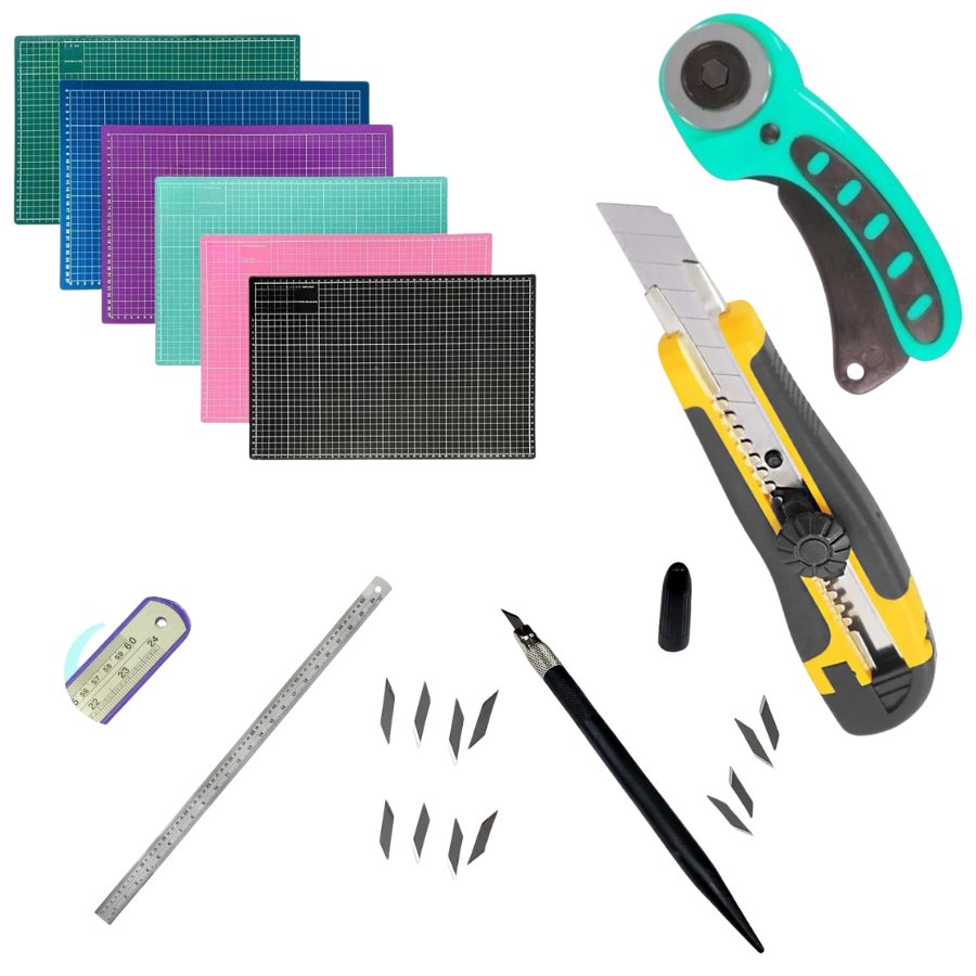 KIT COM 5 ITENS 1 BASE DE CORTE / 1 CORTADOR CIRCULAR / 1 ESTILETE 18MM / 1 ESTILETE DE PRECISÃO E 1 RÉGUA DE 60 CM