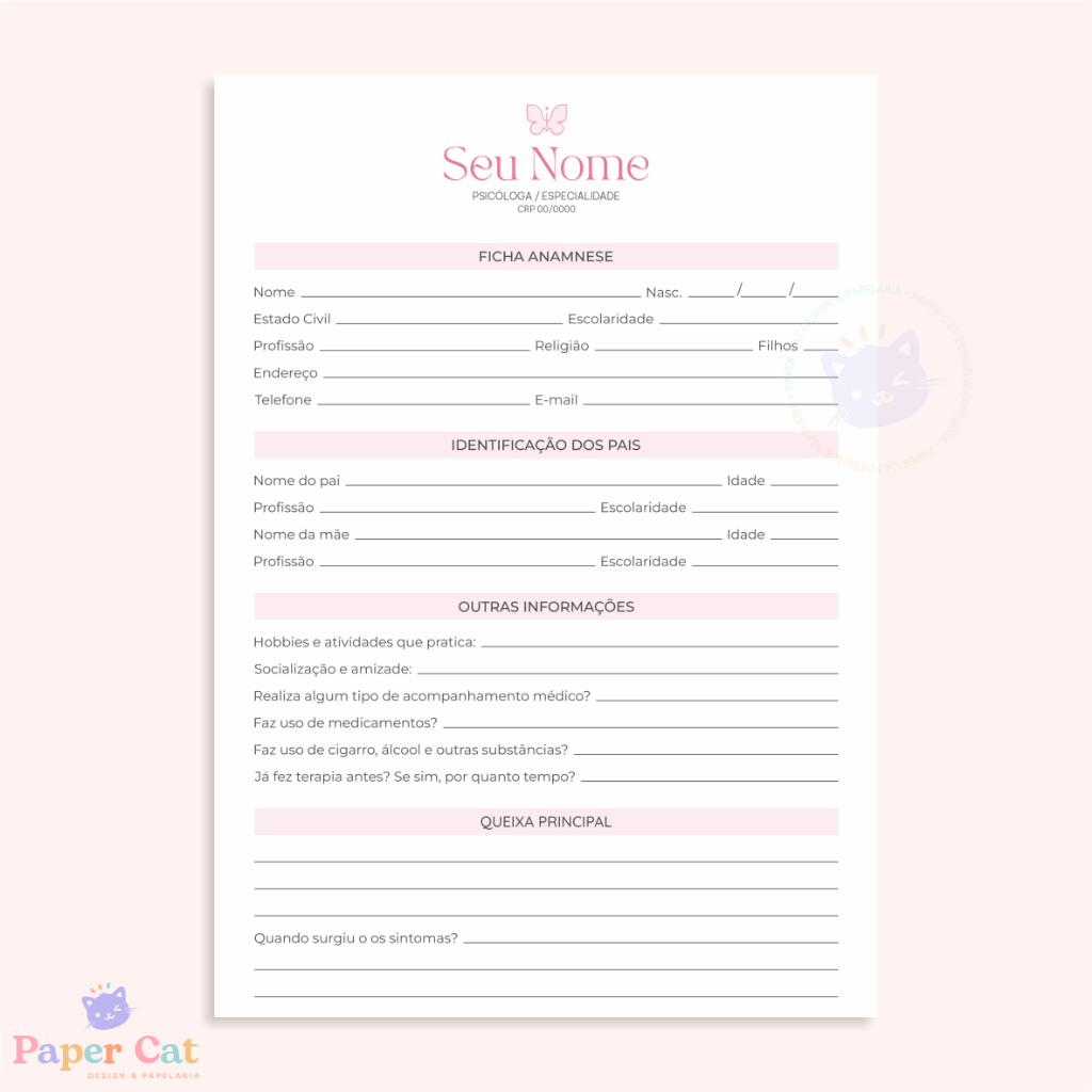 Bloco Anamnese | Psicologia | Personalizado | Tamanho A5 | 50 Folhas