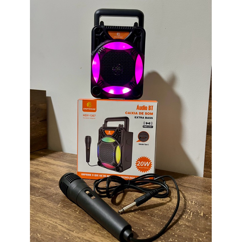 Super Caixa de som Hsy-1367 Bluetooth FM potencia 20W TWS acompanha microfone Extra Bass plug tipo C