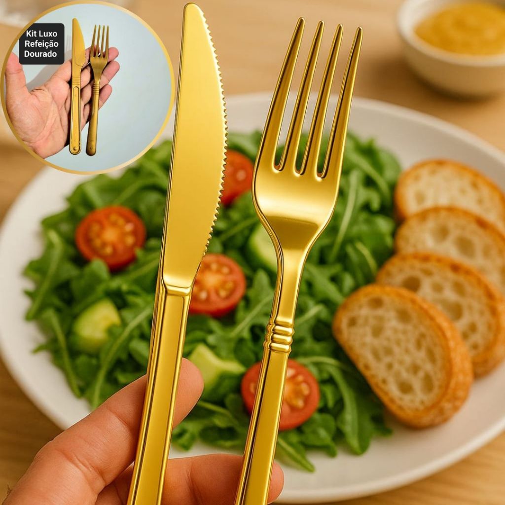 Kit Talher Refeição Descartável Dourado Reforçado Forte Churrasco Garfo Faca 100 200 300 Unidades