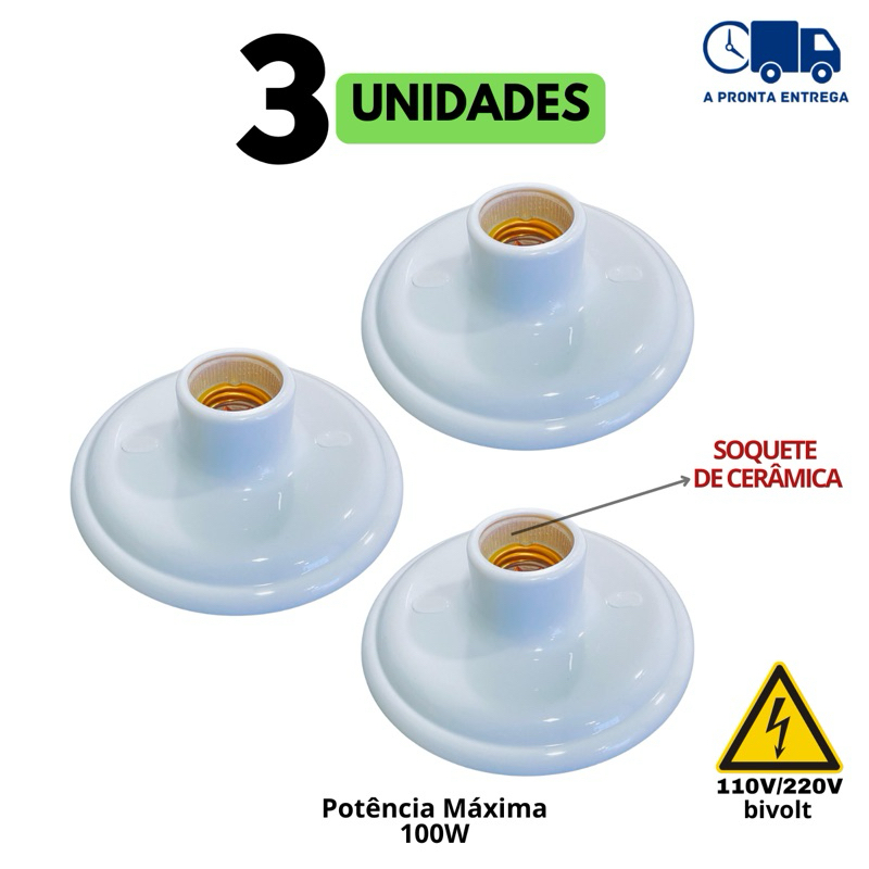 3 Unid. Plafon Cor Branco Preto 110v/220v Sobrepor Soquete Porcelana Bocal E27 Lâmpada Luz Sala Casa