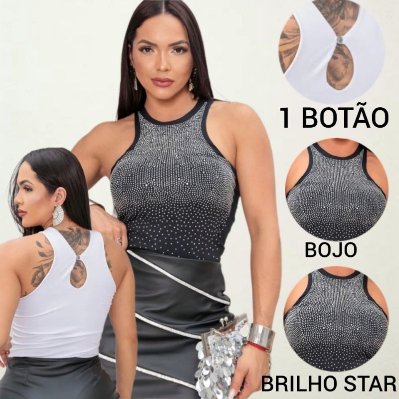 BODY BRILHO STAR COM BOJO REGATA PEDRARIA 1BOTAO NA COSTA MODA FEMININA FESTA BALADA BORY