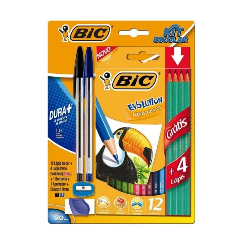 Kit Escolar BIC, Lápis de Cor Sextavado + Lápis Preto Evolution + Canetas Cristal Dura + Com Borracha e Apontador