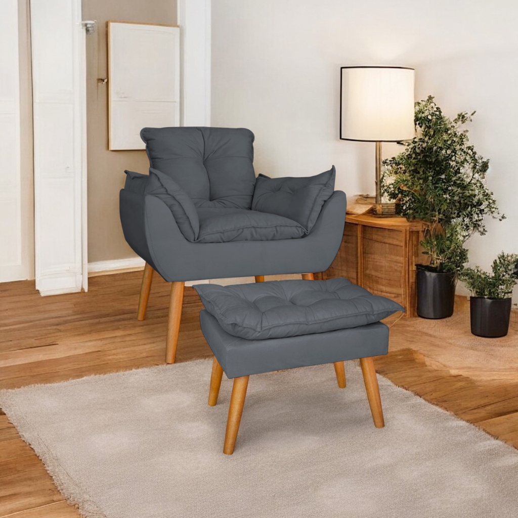 Kit poltrona mais puff opala pes palito em suede cinza em Oferta na Shopee