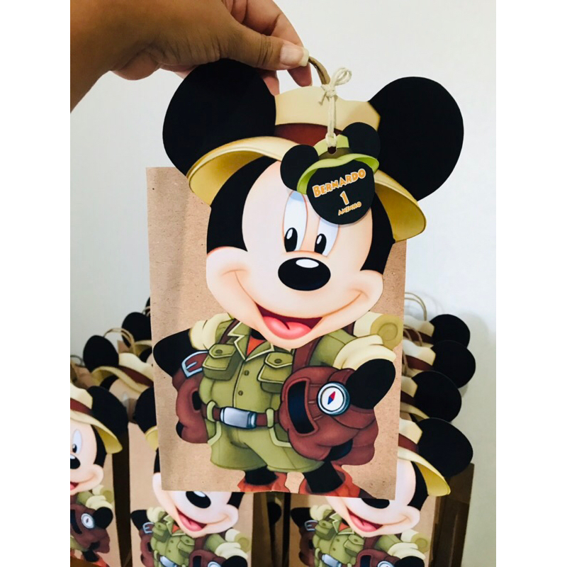 Sacola kraft personalizadas Mickey Safari, Sacola surpresa, Sacola Safari, Festa mickey Safari