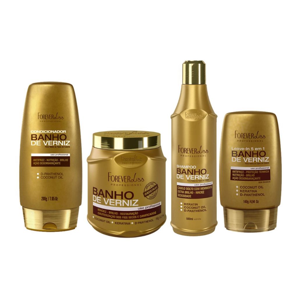 Kit Forever Liss Banho De Verniz Shampoo 500ml + Condicionador + Leave-in E Máscara 1kg