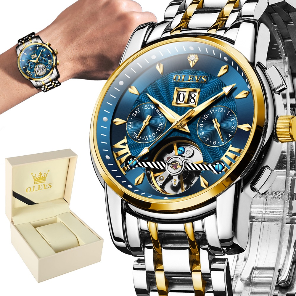 OLEVS Relógio Masculino à Prova D'Água Mecânico Com Turbilhão Oco Design Oco Caixa Azul Luxo Orient Original 9965 em Oferta na Shopee