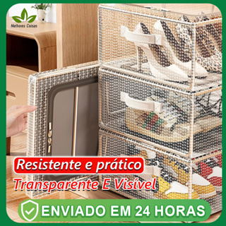 Com zíper Caixa de armazenamento empilhável para sapatos, caixa de armazenamento transparente multifuncional em concha em Oferta na Shopee