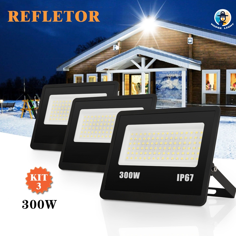 Kit 3 Refletor Super LED 300W Luz Frio 6500K 8-10m Alcance 75m² Preto IP67 Alta Eficiência 110-265V em Oferta na Shopee