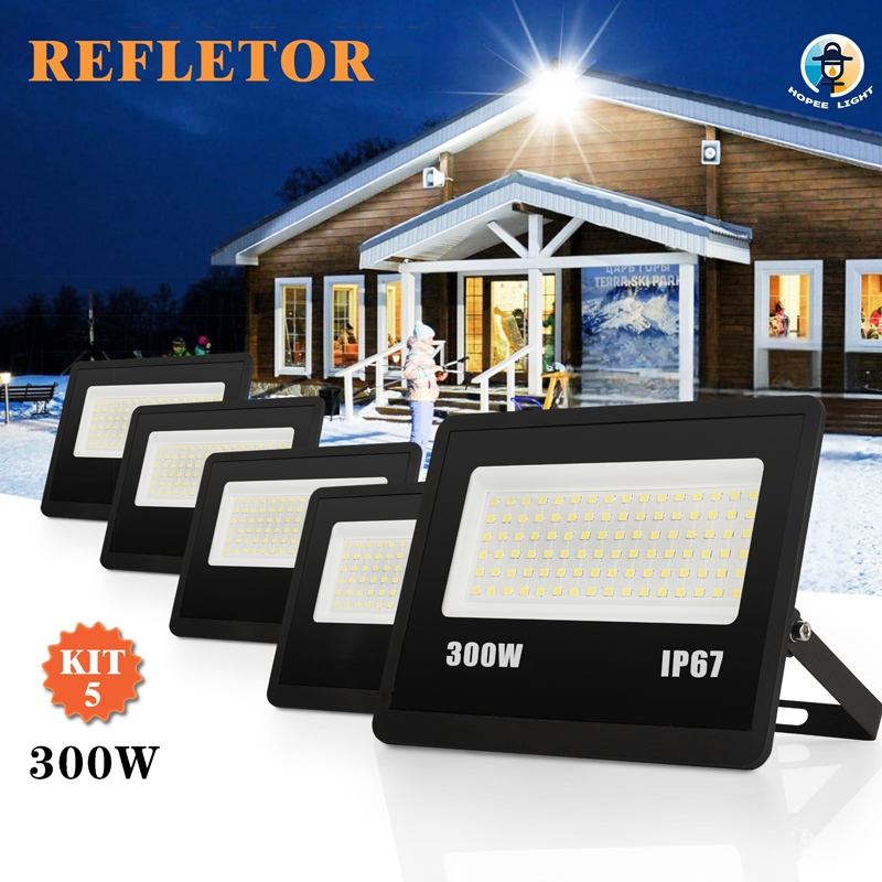 Kit 5 Refletor Super LED 300W Luz Frio 6500K 8-10m Alcance 75m² Preto IP67 Alta Eficiência 110-265V em Oferta na Shopee