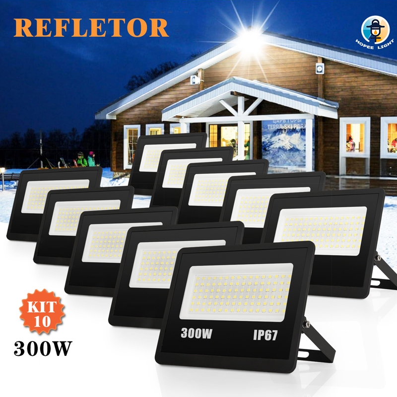 Kit 10 Refletor Super LED 300W Luz Frio 6500K 8-10m Alcance 75m² Preto IP67 Alta Eficiência 110-265V em Oferta na Shopee