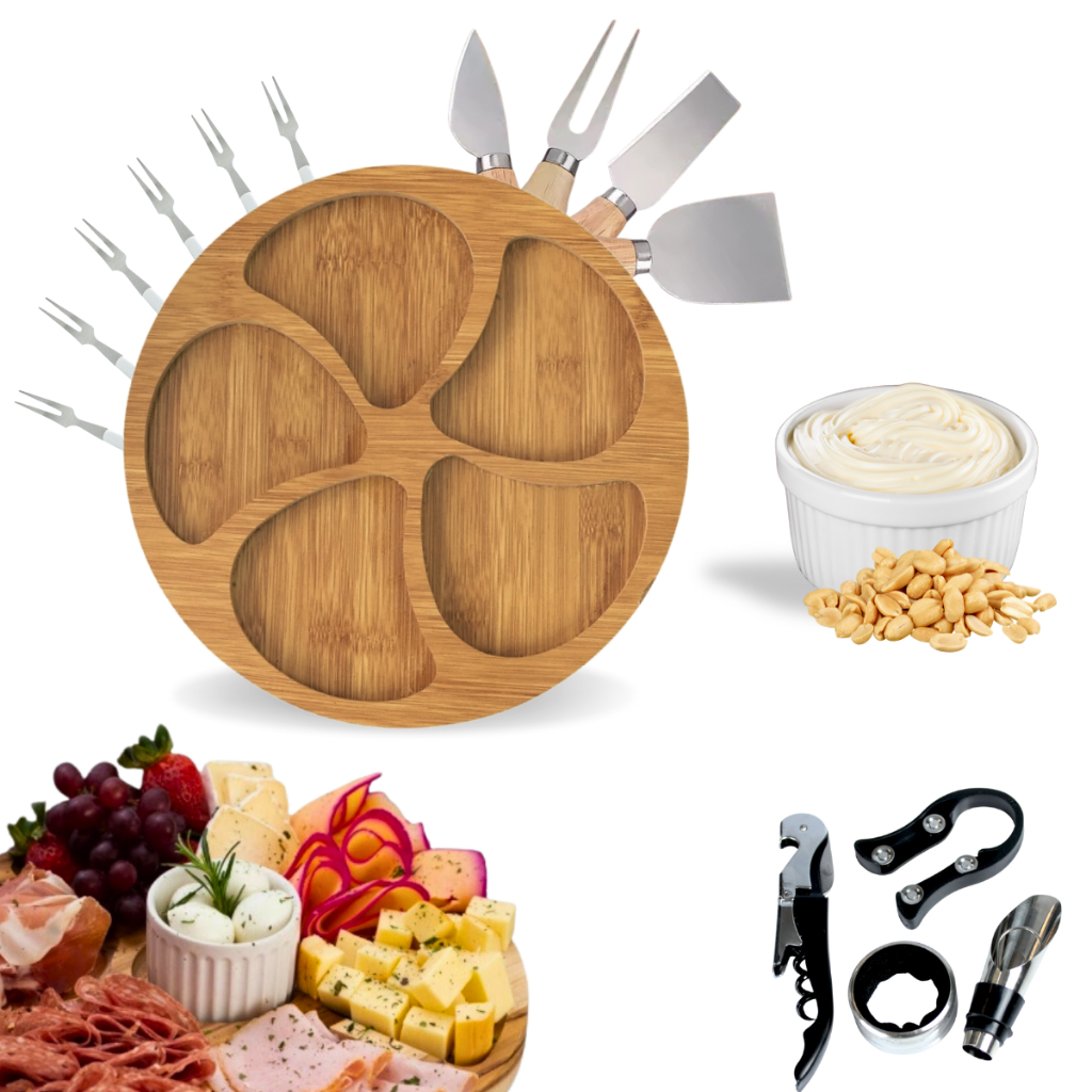 Kit Petisqueira Redonda Madeira + 4 Facas Queijo + 4 Peças Vinho Com Ramekin e Garfinhos p...