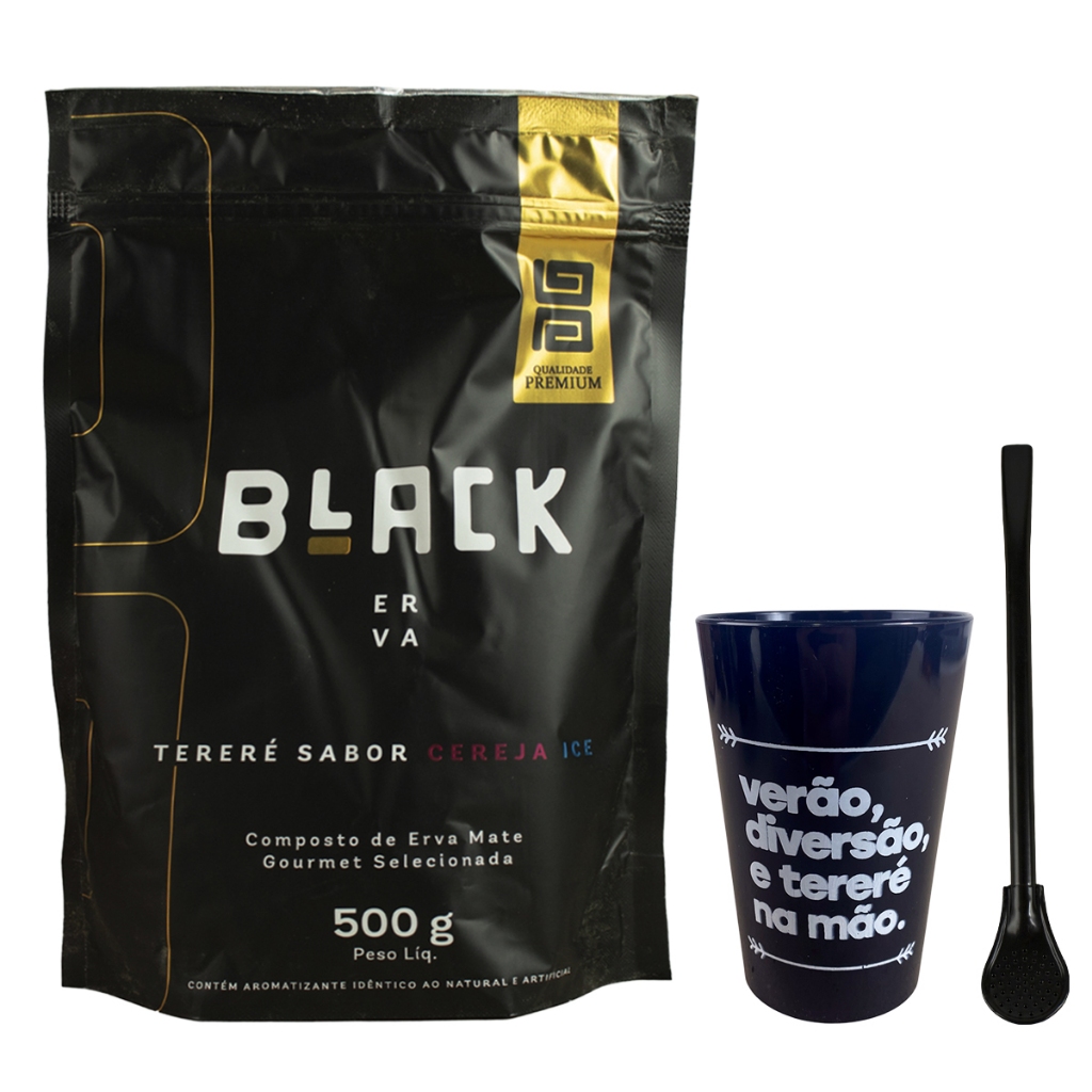 Kit Completo Copo Cuia para Terere 350ml + Bomba Epox Preta 19cm + Erva Mate 500g Black Erva