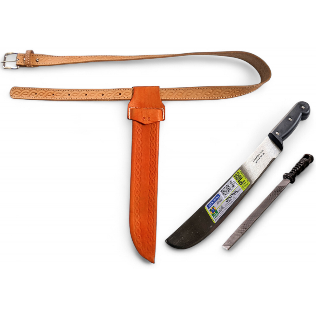 Facão para mato Tramontina 12 polegadas + bainha em couro + Cinto em couro + Lima para afiar em Oferta na Shopee