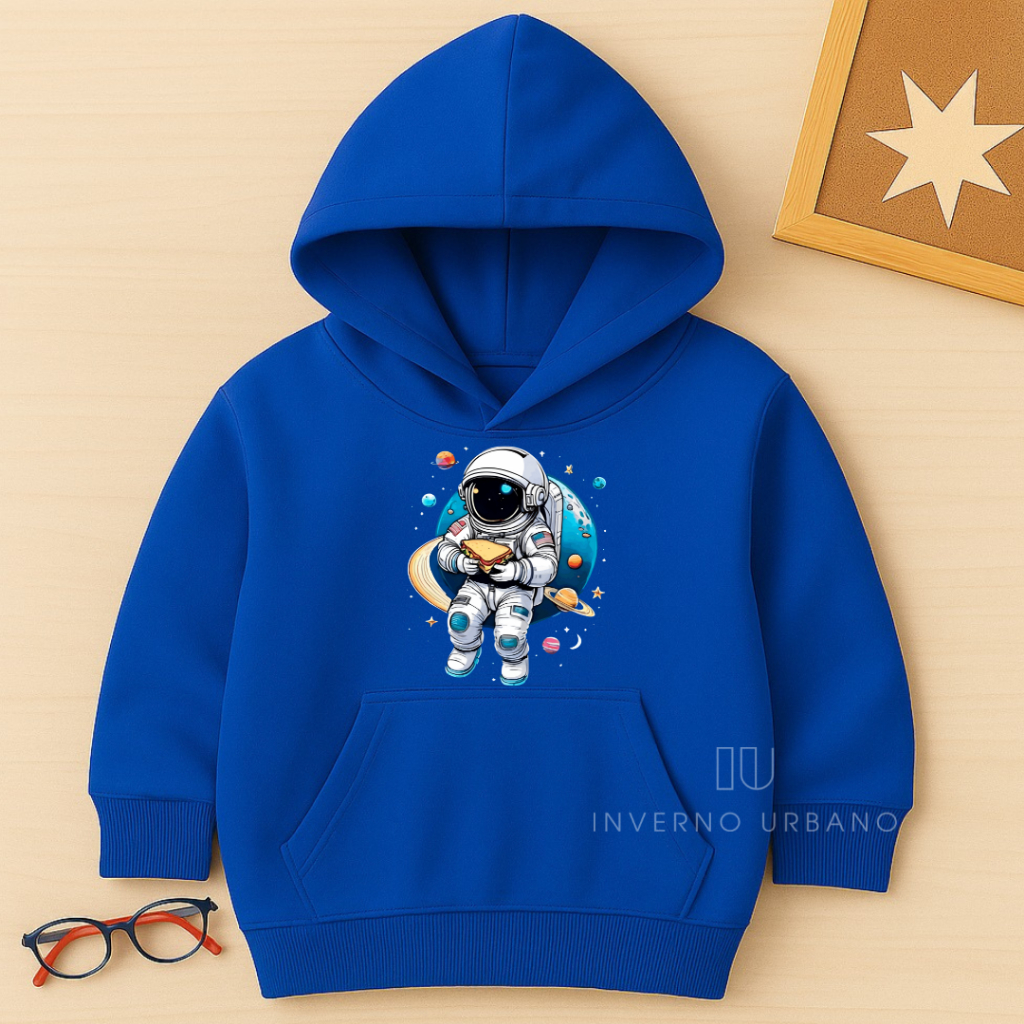 Blusa de Frio Infantil Juvenil Astronauta Moletom Flanelado com Capuz e Bolso Canguru