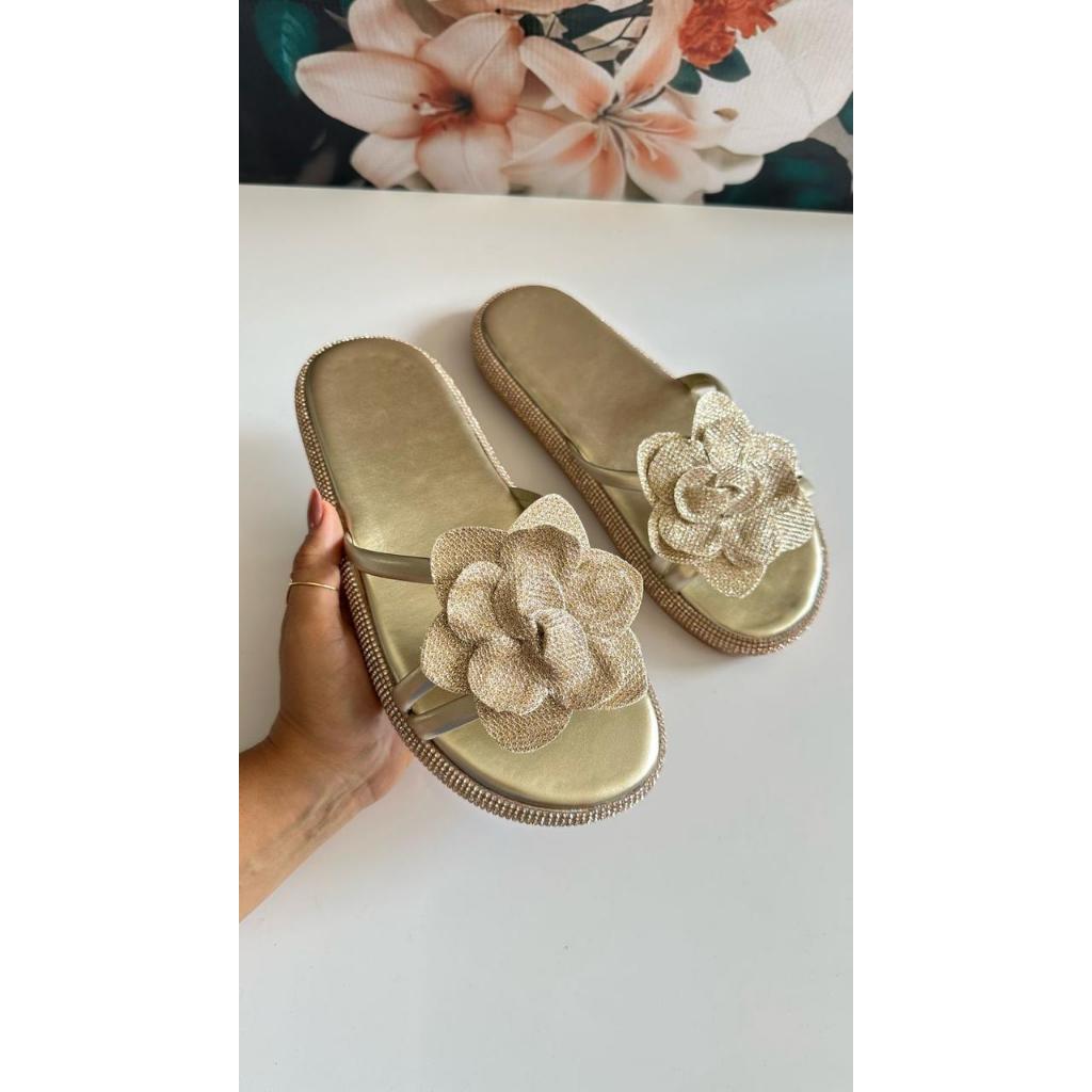 Sandália Flat Feminina Flor Delicada Flatform Brilho Estilo Moda confortavel