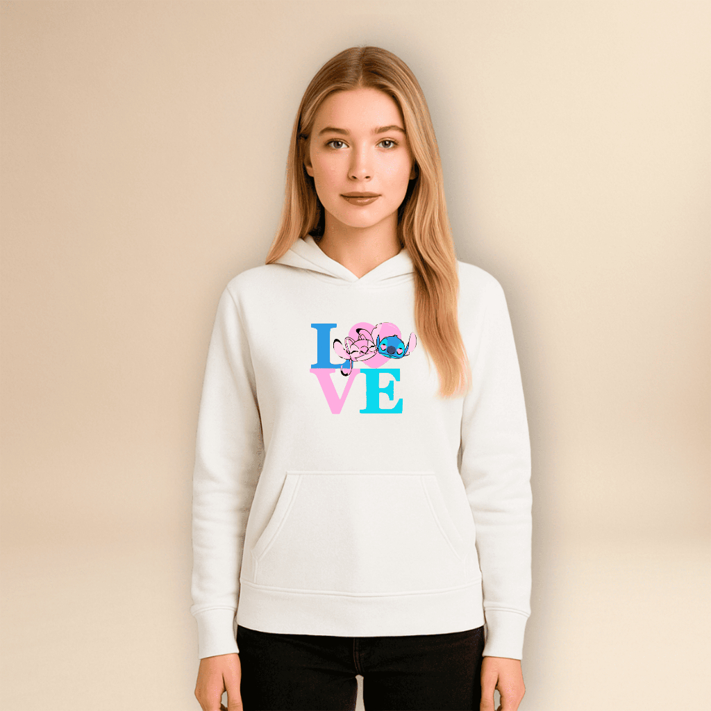 Moletom Feminino Stitch Love Angel Com Capuz Bolso Flanelado Blusa De Frio Estampado Canguru