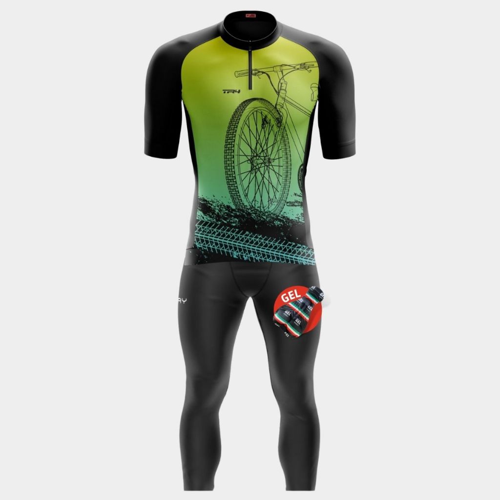 Conjunto Masculino Ciclismo Camisa Pro Zíper Parcial Calça Forro Acolchoado Gel Bike Pedalar Inverno