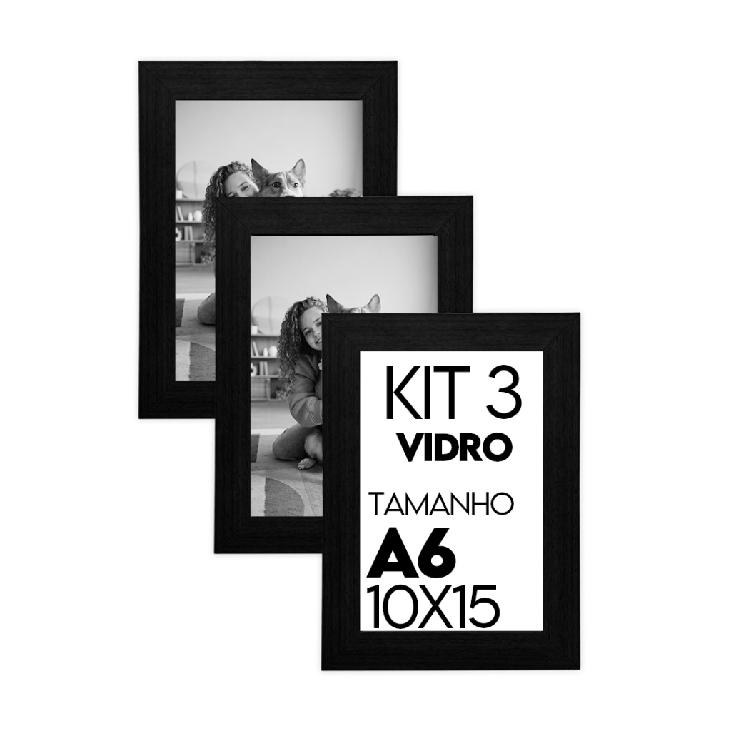 Kit 3 Porta Retratos Com Molduras 10x15 - Frente em Vidro e Fundo com Suporte