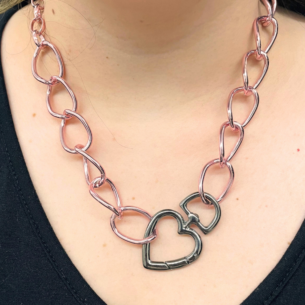 Colar Corrente de Elos Pink Coração 50cm Bijouteria Fina Banho Pink e Ródio Negro