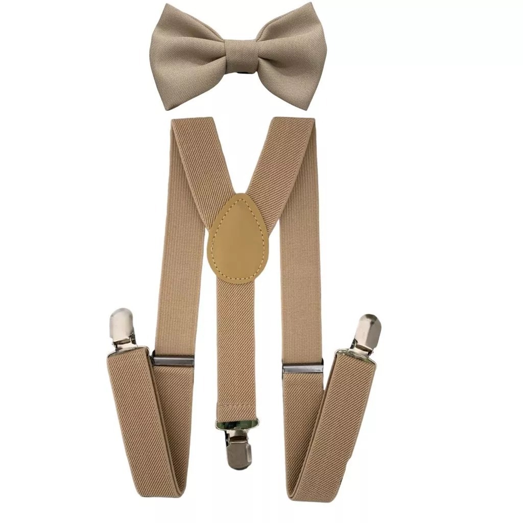 18 Kits Suspensório Bege com Gravata Borboleta Fosca Adulto Para Padrinhos de Casamento
