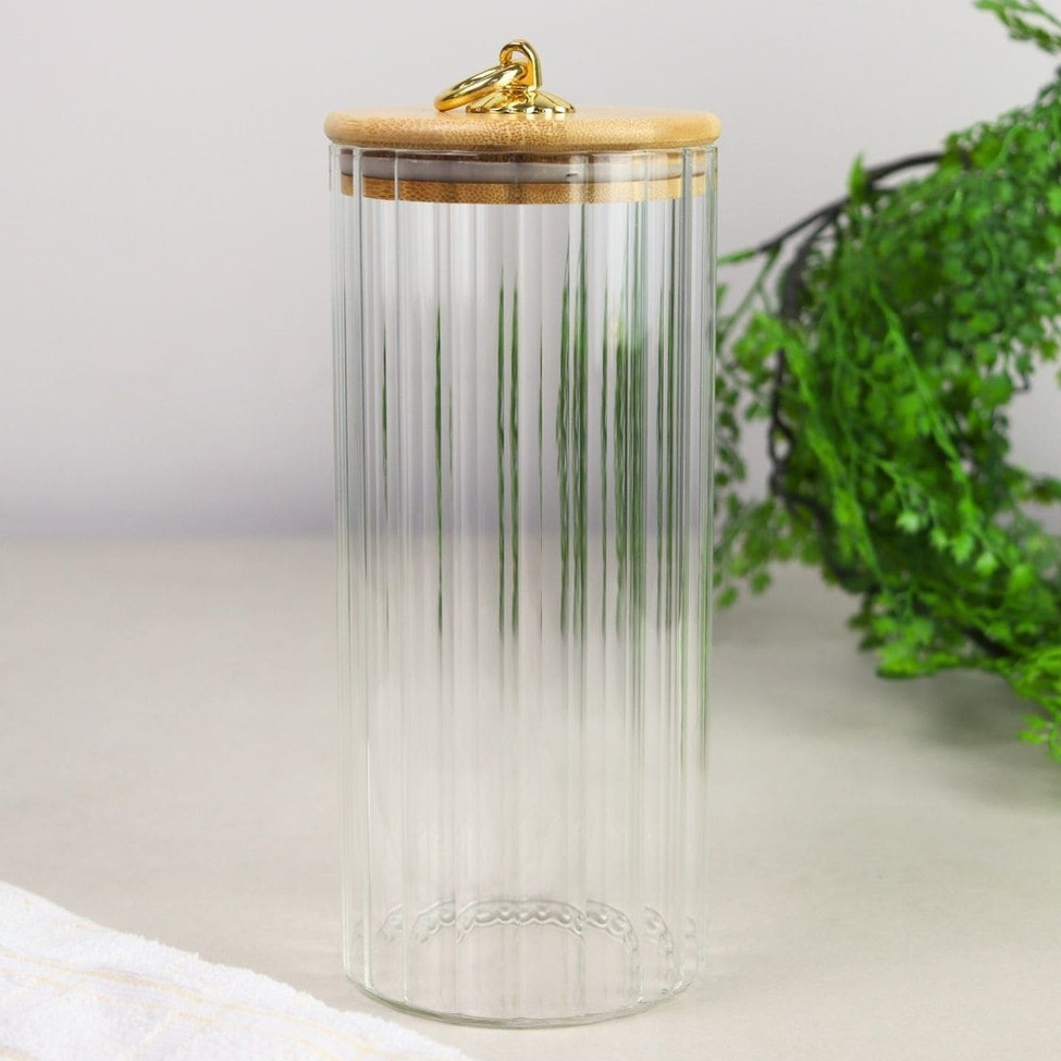 Pote de Vidro com Tampa de Bambu Hermético CANELADO TRANSPARENTE Porta Mantimentos Hermético cozinha