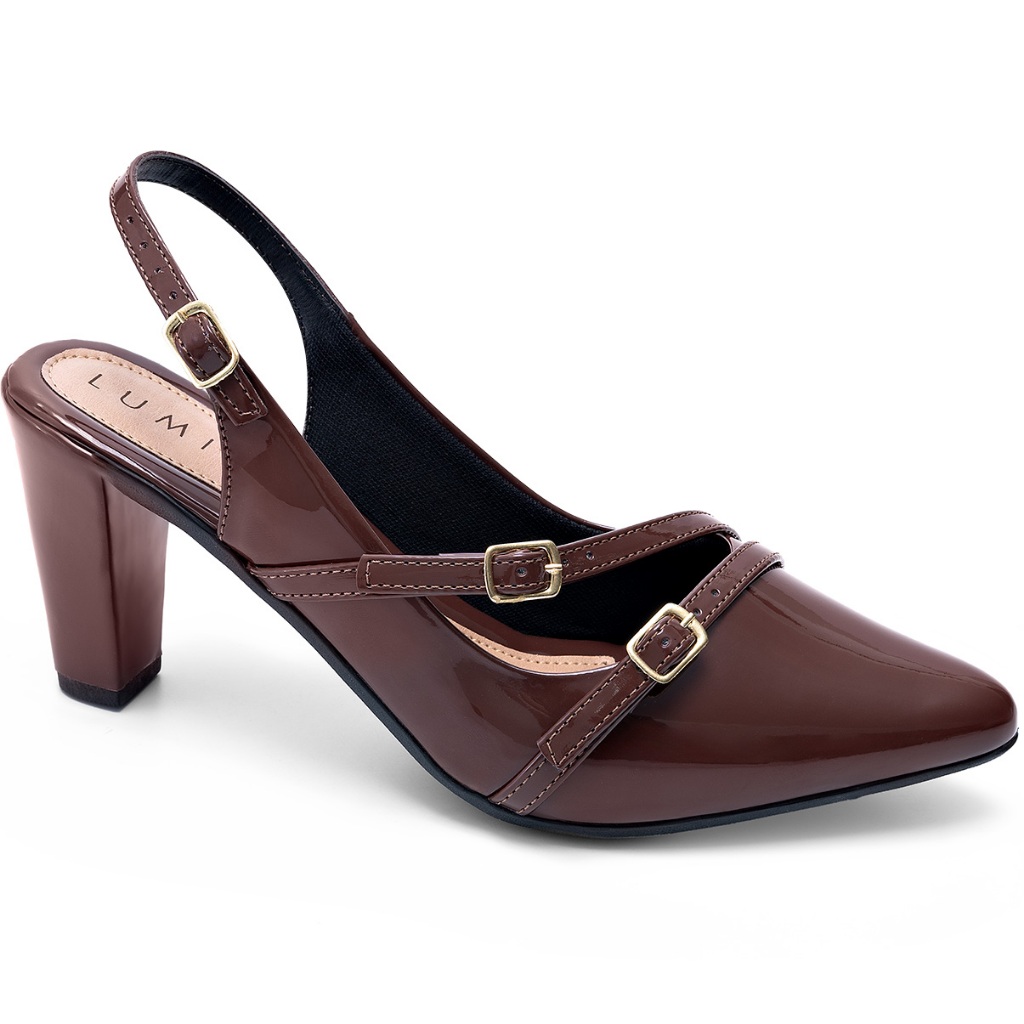 Scarpin Feminino Lumiss Confortável Slingback Fivelas Salto Fino Bico Fino Verniz Marrom