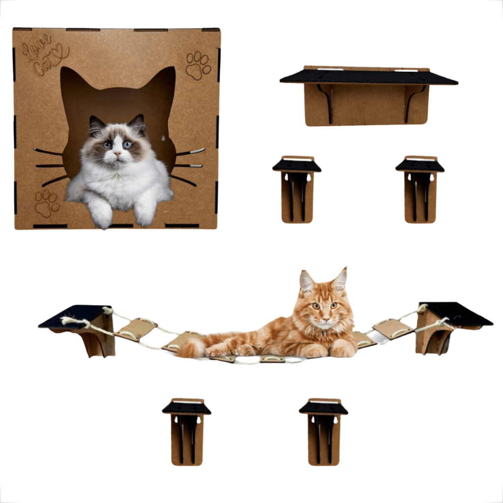 Playground 7 Peças Em Mdf Com Carpete Para Gato Brinquedo Casinha de Gato Refugio