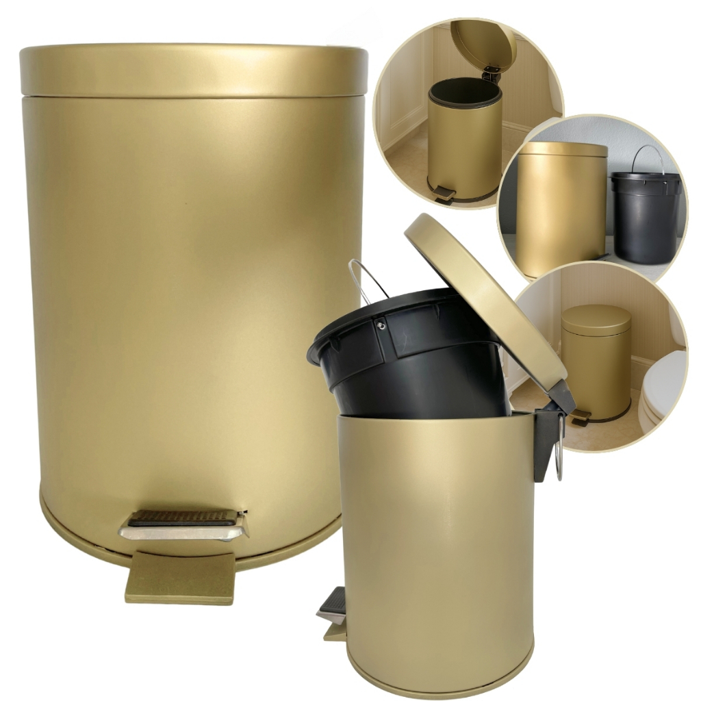 Lixeira Inox Dourada Ouro Fosco para Cozinha, Banheiro, Lavabo ou Escritório 5 Litros Balde Removivel Pedal Casa Golden