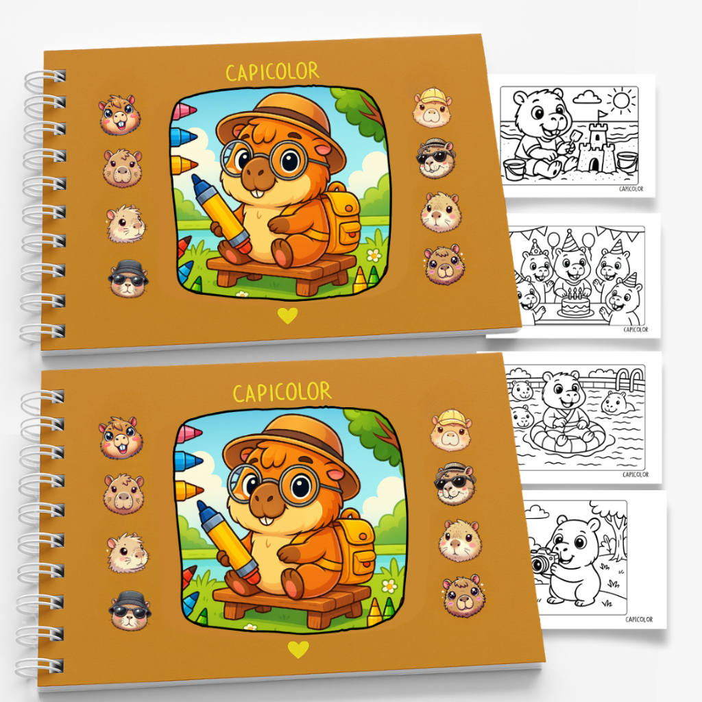 Kit 2 Capicolor Livros para Pintar Capivara Desenhos Criativos Fofos 50 Pag Gramatura Alta Capa Dura