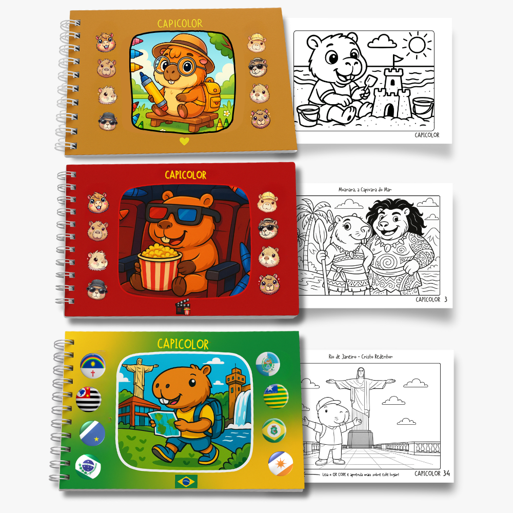 3x Capicolor Livro de Colorir Capivaras Combo Tradicional + Viagens pelo Brasil + Filmes Divertido