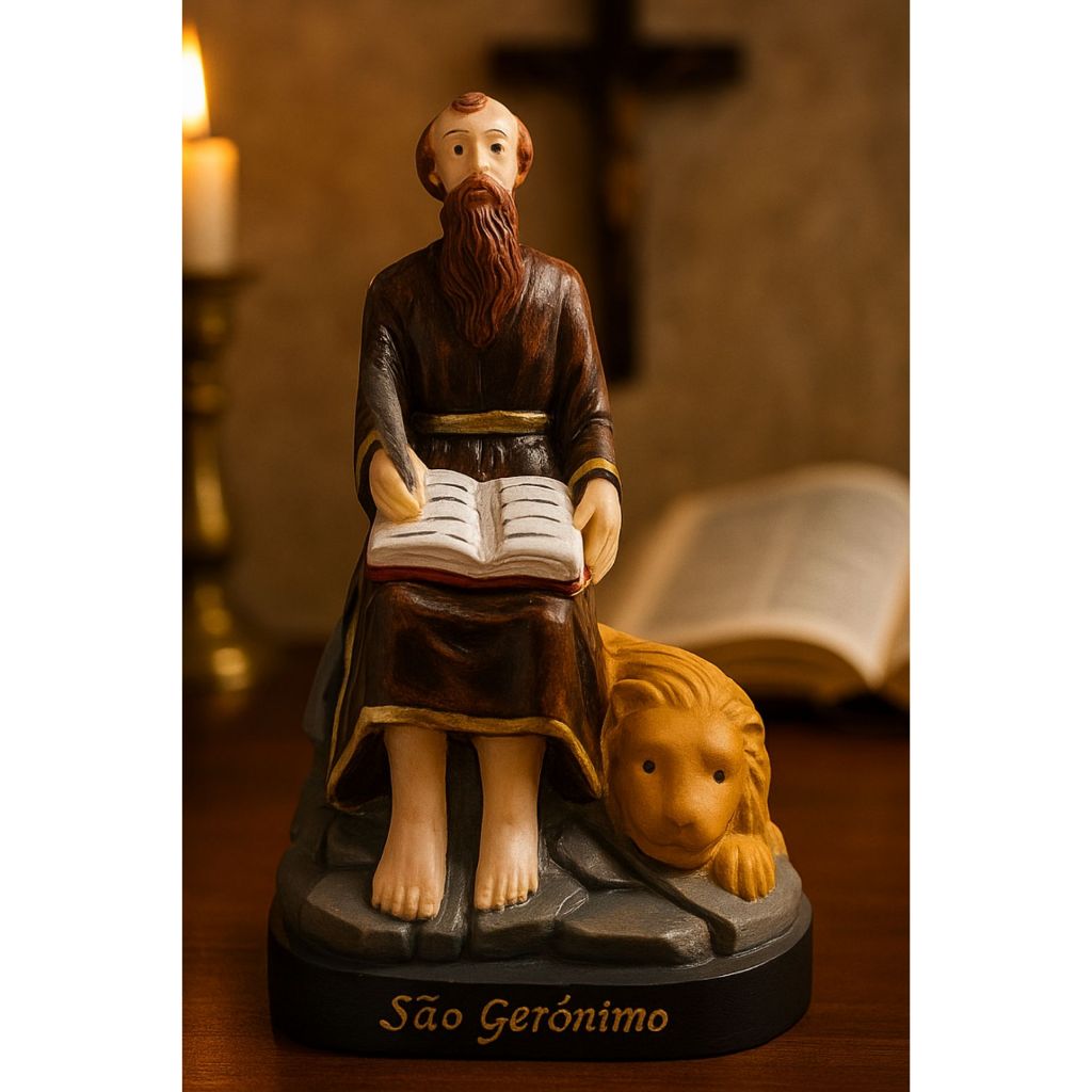 São Gerônimo Santo Escultura Religiosa Resina Acabamento Fino Santo Jerônimo 15 cm Rico em Detalhes