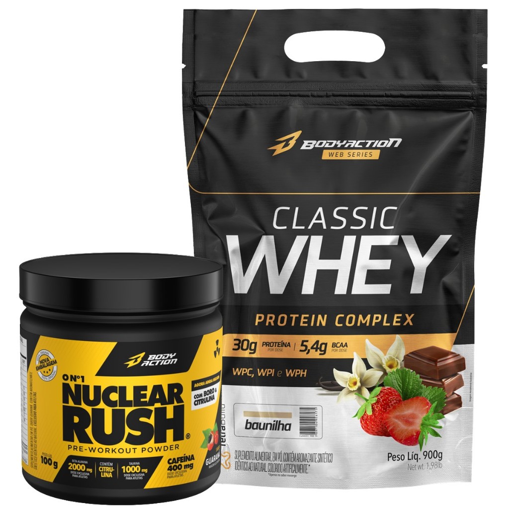 Kit Whey Protein Classic 900g + Pré Treino Nuclear Rush 100g Bodyaction em Oferta na Shopee