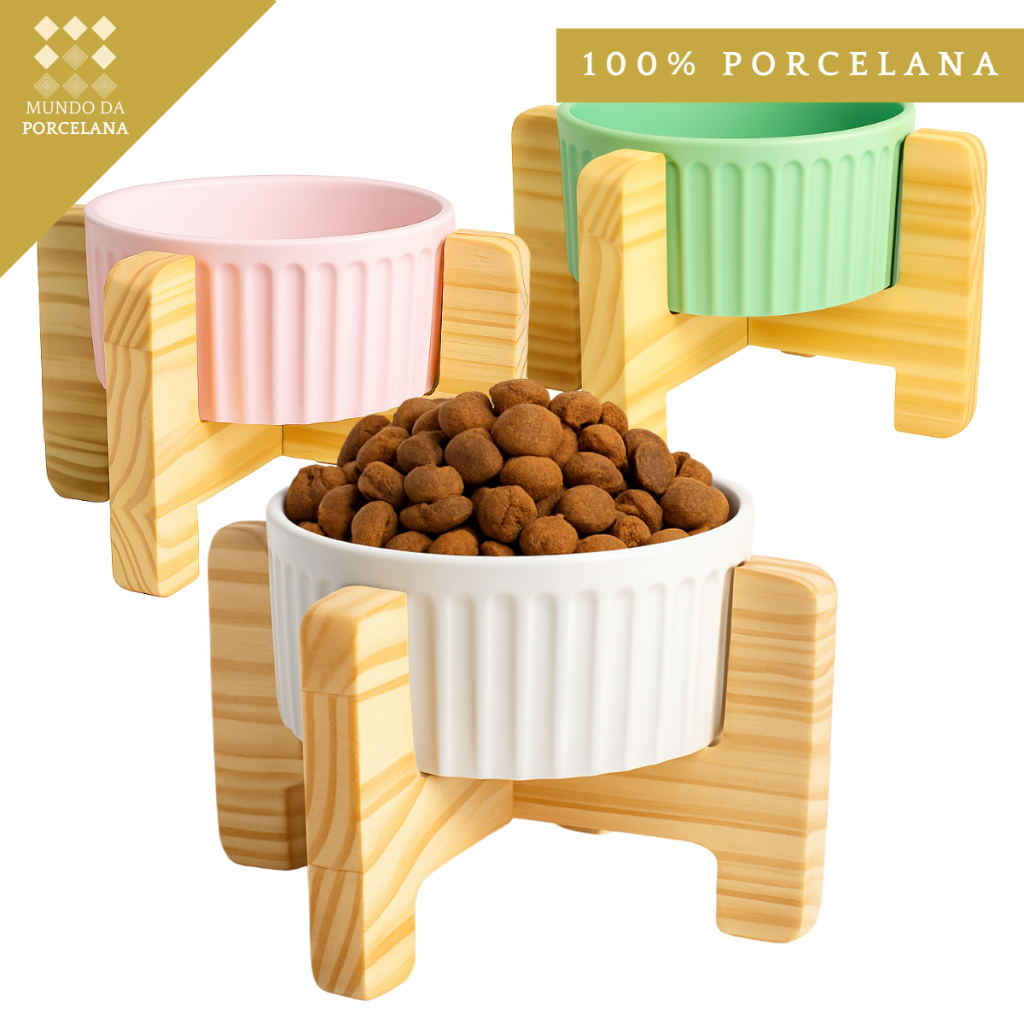 Comedouro Pet Porcelana Madeira Ergonômico Gato Cachorro