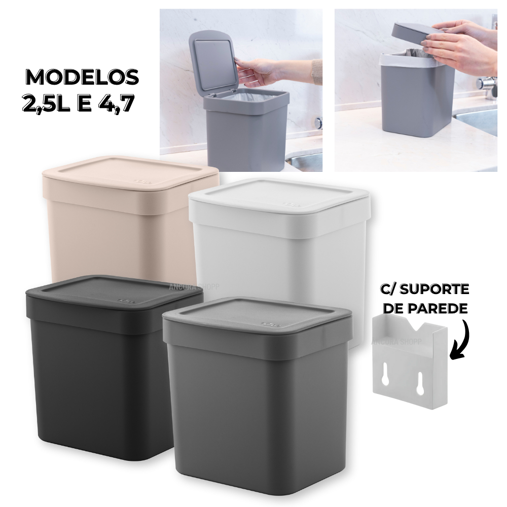 Lixeira de Cozinha Escritório Banheiro Casa 2,5L / 4,7L Compacta Esconde Sacola + Suporte de Parede - Home & Living