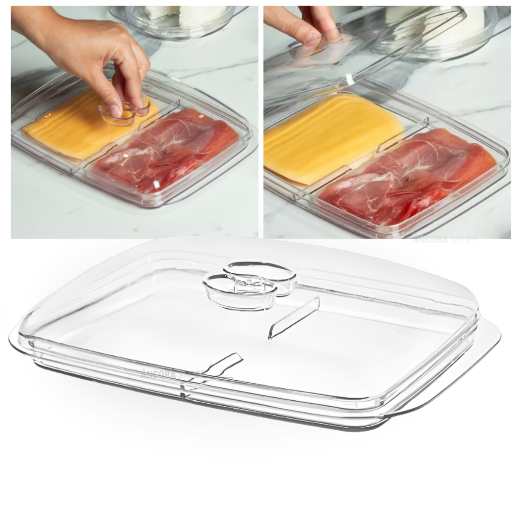 Porta Frios Duplo Retangular Resistente Tampa Acrílico 29x21 2 Divisórias Guardar Presunto e Queijo
