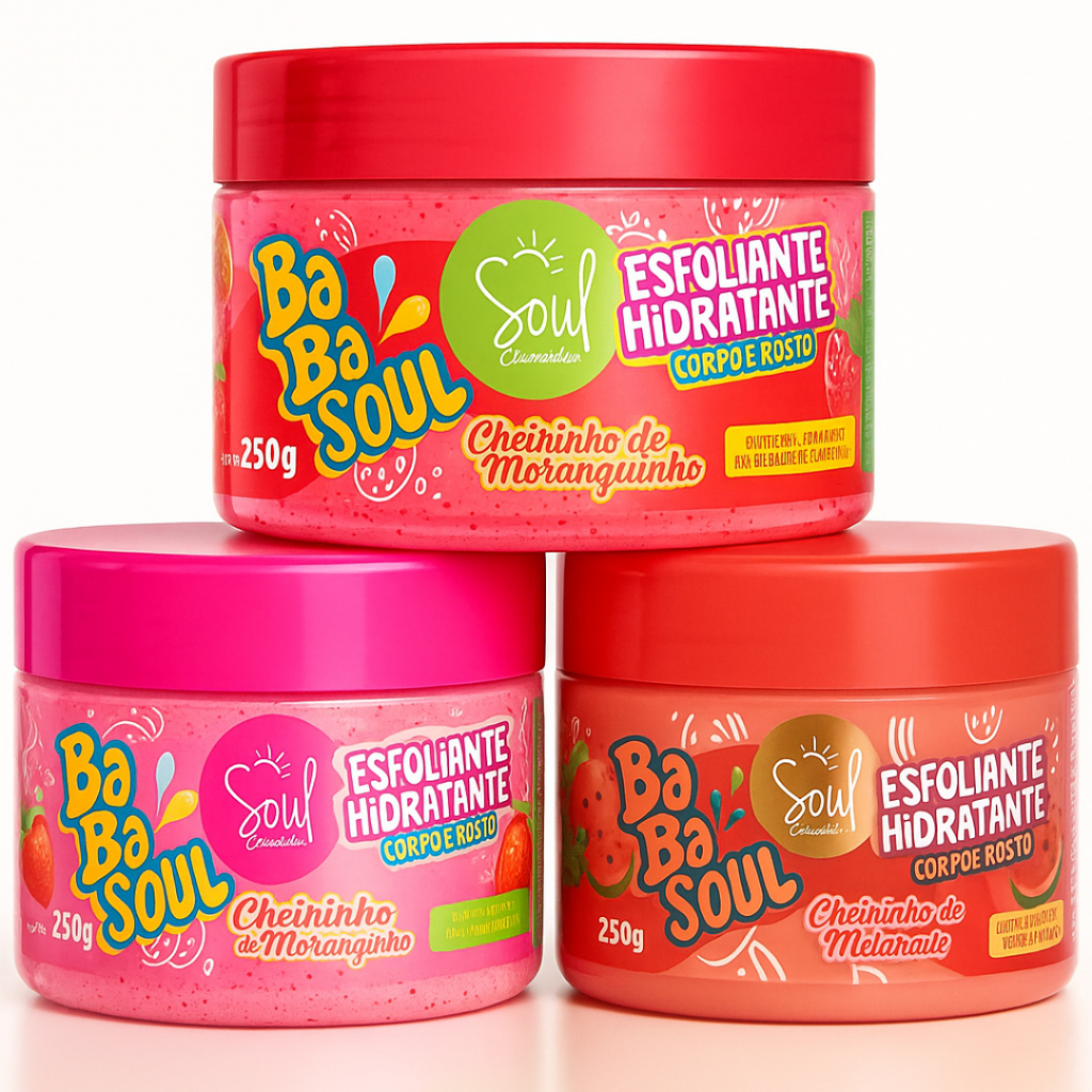Kit 3 Hidratante Esfoliante Facial - Corpo e Rosto 250ml - Babasoul - Fragrâncias- Morango, Melancia, Tutti Fruit