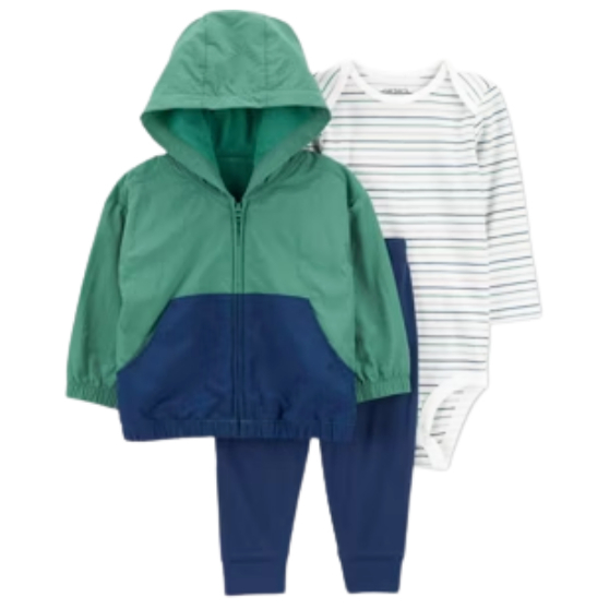 Carter’s - Conjunto Bebê Menino Importado – Casaco Verde e Azul com Capuz + Body Listrado + Calça