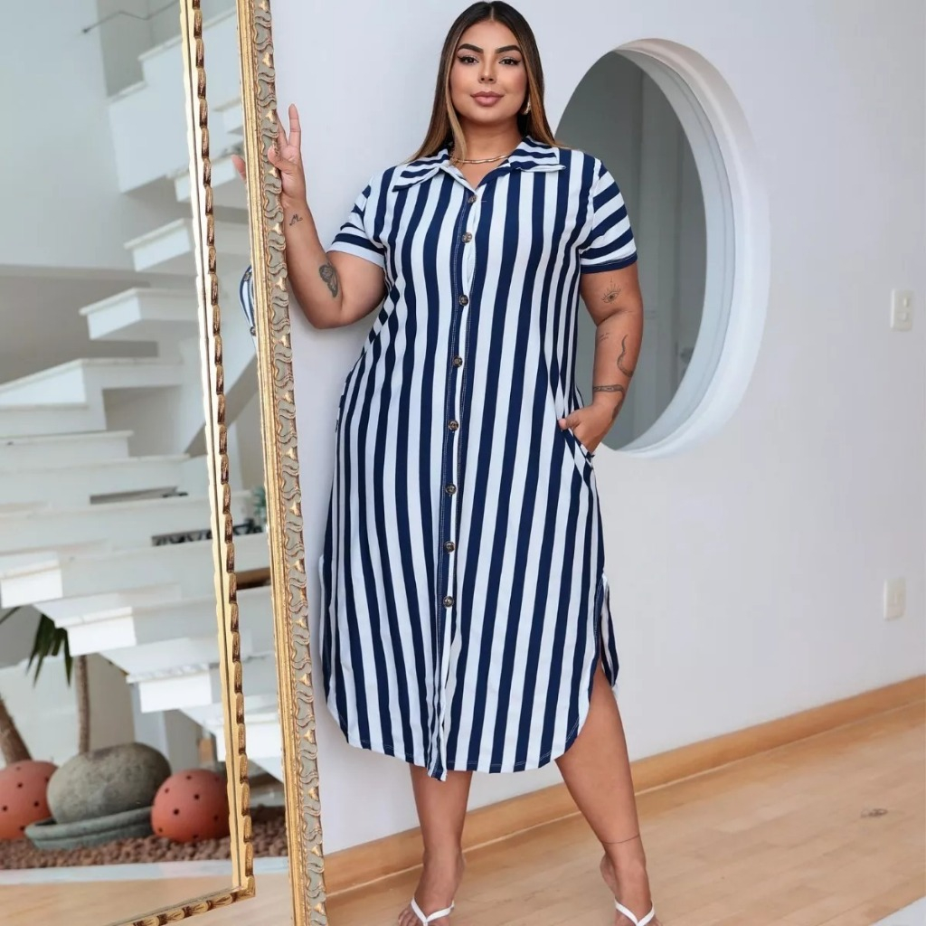 Vestido Plus Size Feminino Soltinho Com Botões Funcionais Chemise Manga Curta Verão Elegante em Oferta na Shopee