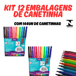 KIT 12 Embalagens Canetinhas Colorida 12 cores Papelaria Material Escolar Atoxico Infantil Coloridas